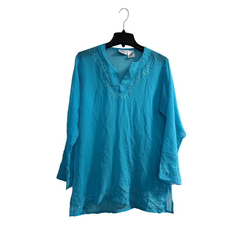 Sand N Sun Tunic Top Swim Cover blue women Sheer Long Sleeve Embroidery sz m